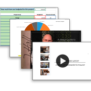 Screenshots showcasing the JH Design Subscription benefits - budget planning tools, design guide, and webinars.